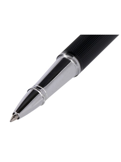 Roller y estuche belius turbo aluminio textura punteada negro plateado tinta azul caja de diseño