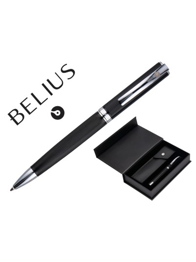 Boligrafo y estuche belius turbo aluminio textura punteada negro y plateado tinta azul caja de diseño