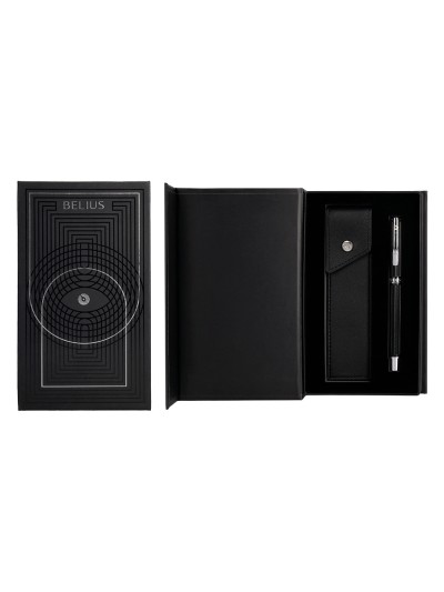 Pluma y estuche belius turbo aluminio textura punteada color negro y plateado tinta azul caja de diseño