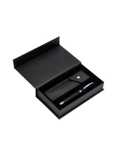 Pluma y estuche belius turbo aluminio textura punteada color negro y plateado tinta azul caja de diseño