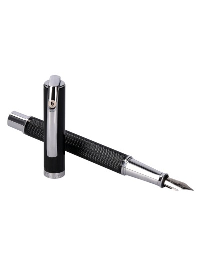 Pluma y estuche belius turbo aluminio textura punteada color negro y plateado tinta azul caja de diseño