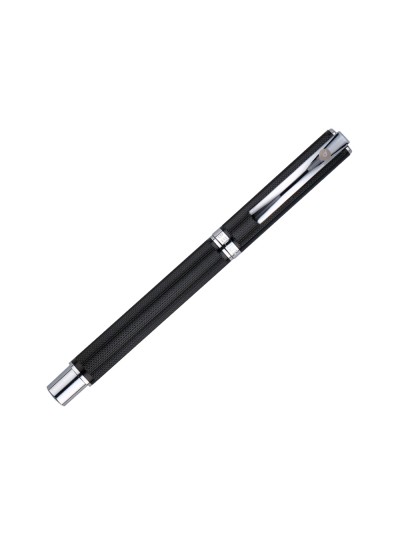 Pluma y estuche belius turbo aluminio textura punteada color negro y plateado tinta azul caja de diseño
