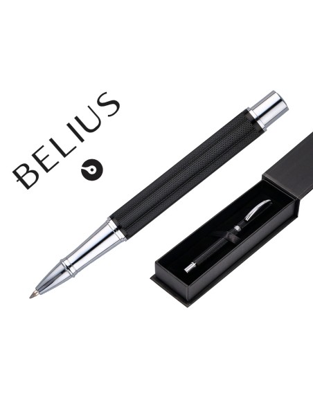 Roller belius turbo aluminio textura punteada color negro y plateado tinta azul caja de diseño