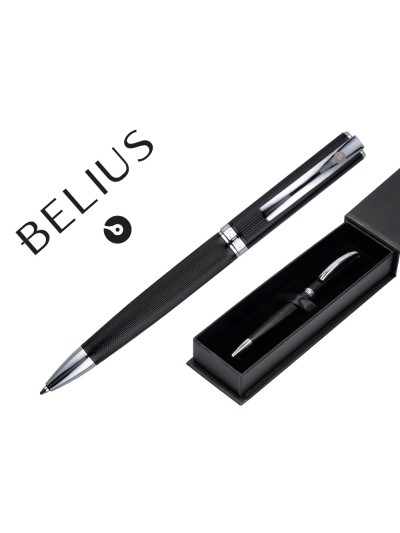 Boligrafo belius turbo aluminio textura punteada color negro y plateado tinta azul caja de diseño