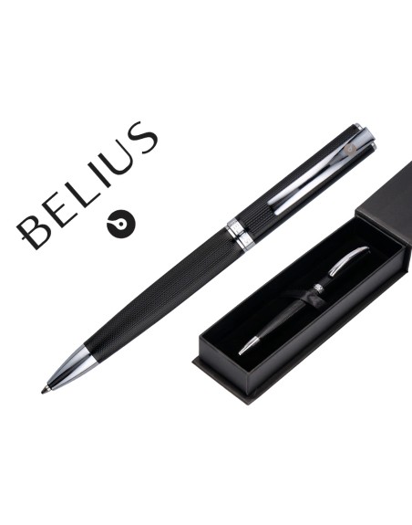Boligrafo belius turbo aluminio textura punteada color negro y plateado tinta azul caja de diseño