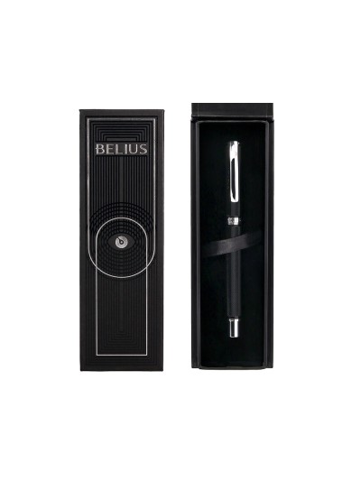 Boligrafo belius turbo aluminio textura punteada color negro y plateado tinta azul caja de diseño
