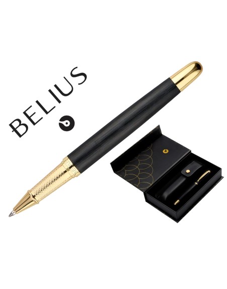 Boligrafo y estuche belius passion dor aluminio textura cepillada color negro y dorado tinta azul caja diseño