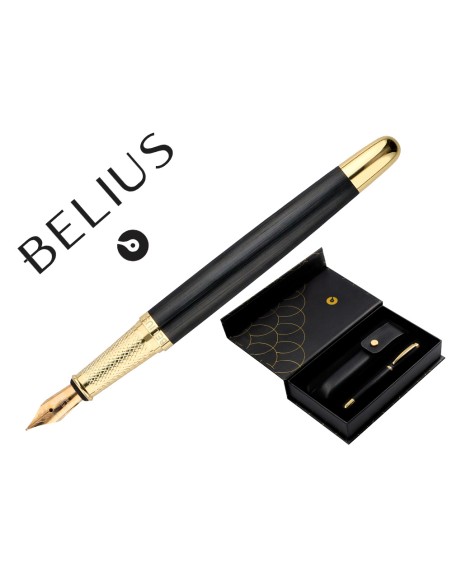Pluma y estuche cuero belius passion dor aluminio textura cepillada color negro y dorado tinta azul caja diseño