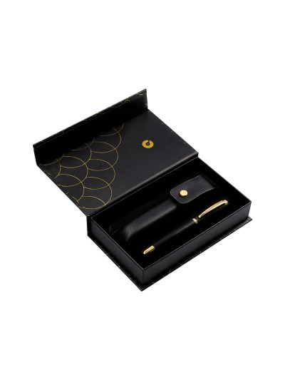 Pluma y estuche cuero belius passion dor aluminio textura cepillada color negro y dorado tinta azul caja diseño