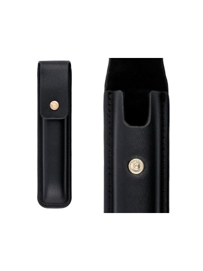 Pluma y estuche cuero belius passion dor aluminio textura cepillada color negro y dorado tinta azul caja diseño