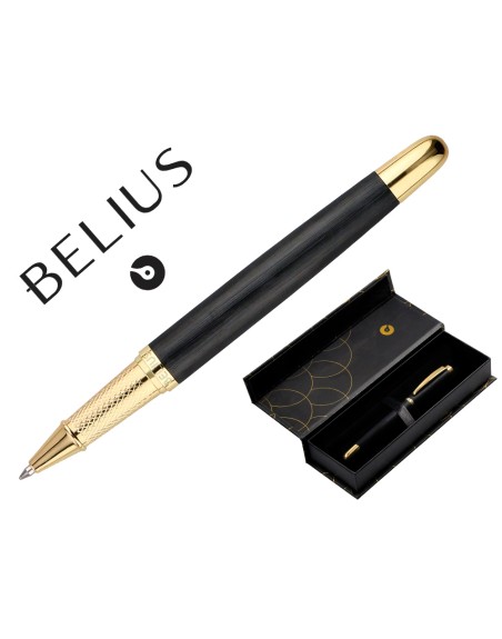 Boligrafo belius passion dor aluminio textura cepillada color negro y dorado tinta azul caja de diseño