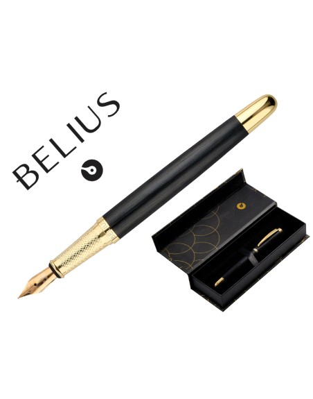 Pluma belius passion dor aluminio textura cepillada color negro y dorado tinta azul caja de diseño