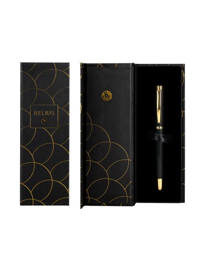 Pluma belius passion dor aluminio textura cepillada color negro y dorado tinta azul caja de diseño