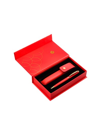 Boligrafo y estuche belius passion dor aluminio textura cepillada color rojo y dorado tinta azul caja de diseño