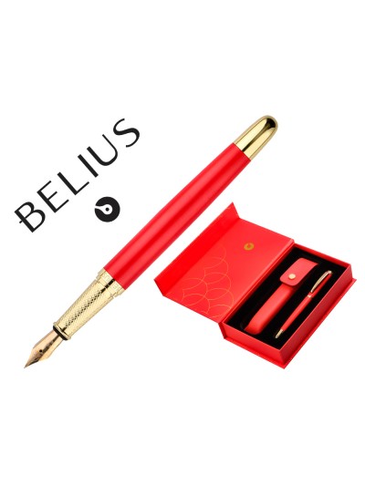 Pluma y estuche cuero belius passion dor aluminio textura cepillada color rojo y dorado tinta azul caja de diseño