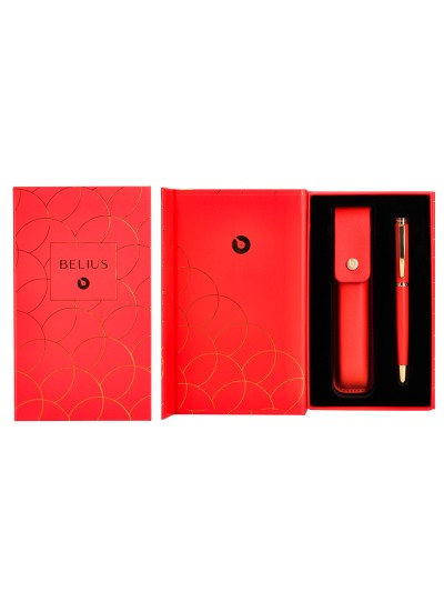 Pluma y estuche cuero belius passion dor aluminio textura cepillada color rojo y dorado tinta azul caja de diseño