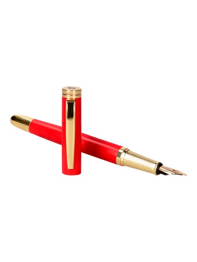 Pluma y estuche cuero belius passion dor aluminio textura cepillada color rojo y dorado tinta azul caja de diseño