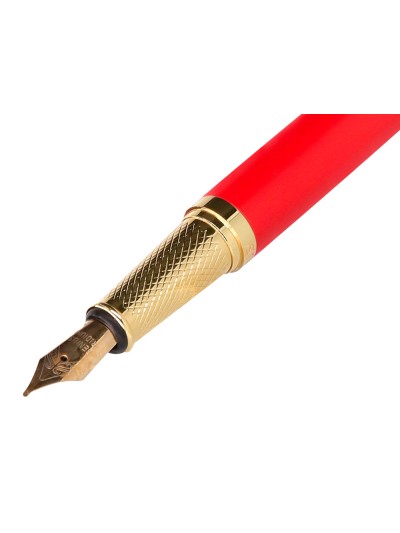 Pluma y estuche cuero belius passion dor aluminio textura cepillada color rojo y dorado tinta azul caja de diseño
