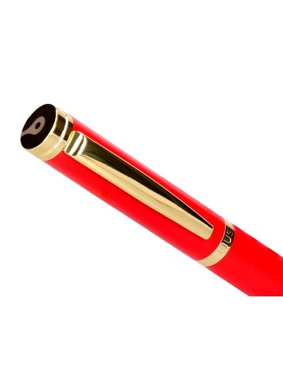 Pluma y estuche cuero belius passion dor aluminio textura cepillada color rojo y dorado tinta azul caja de diseño