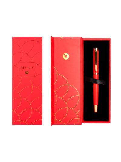 Boligrafo belius passion dor aluminio textura cepillada color rojo y dorado tinta azul caja de diseño
