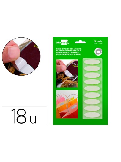 Velcro autoadhesivo ovalado liderpapel quita y pon blanco 35x12 mm blister de 18 unidades