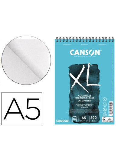 Bloc dibujo acuarela canson xl aquarelle grano fino din a5 microperforado espiral 14,8x21 cm 20 hojas 300 gr/m2