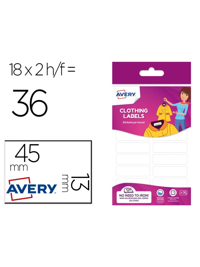 Etiqueta avery para textil sin planche 45x13 mm blister de 36 unidades Etiqueta avery para textil sin planche 45x13 mm blister de 36 unidades