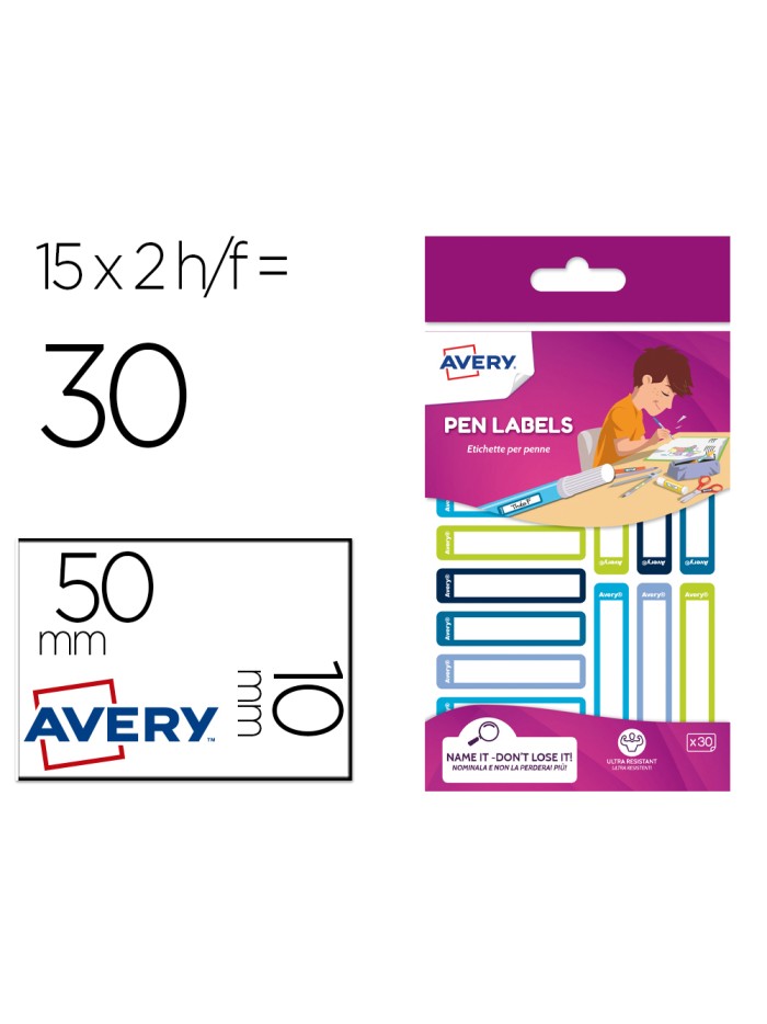 Etiqueta avery para boligrafos y lapices azul y verde 50x10 mm blister de 30 unidades Etiqueta avery para boligrafos y lapices azul y verde 50x10 mm blister de 30 unidades