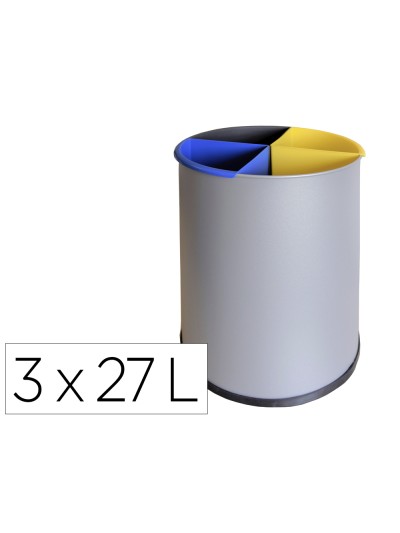 Papelera metalica sie para reciclaje con 3 departamento extraible 3x27 litros 300x295 mm, color plata
