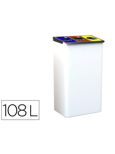 Papelera metalica sie para reciclaje con 3 departamentos 108 litros color blanco 830x500x260 mm