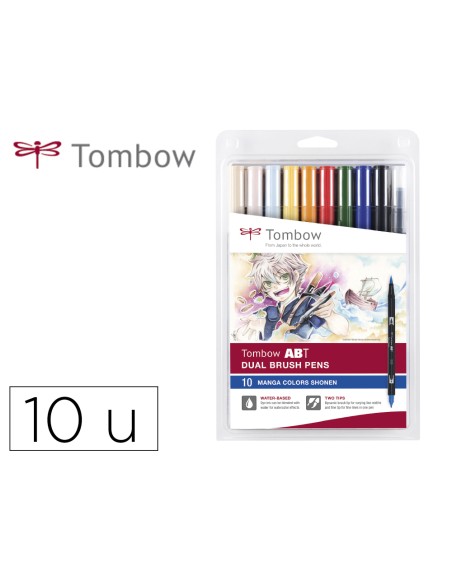 Rotulador tombow abt dual brush acuarelable doble punta fina/pincel estuche de 10 colores manga shonen