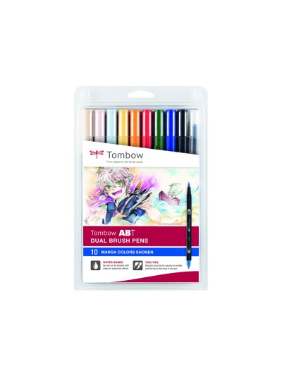 Rotulador tombow abt dual brush acuarelable doble punta fina/pincel estuche de 10 colores manga shonen