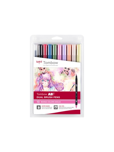 Rotulador tombow abt dual brush acuarelable doble punta fina/pincel estuche de 10 colores manga shojo