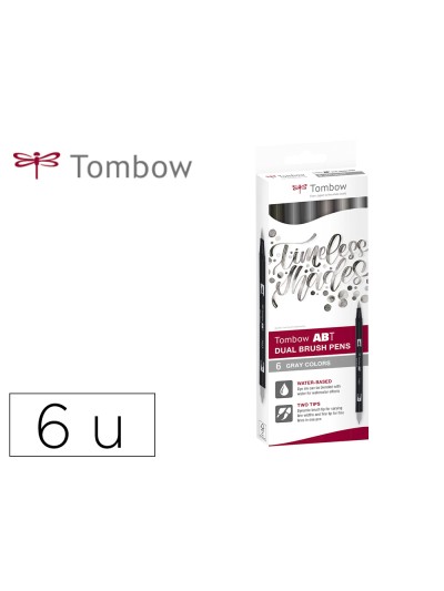 Rotulador tombow abt dual brush acuarelable doble punta fina/pincel estuche de 6 colores gama grises