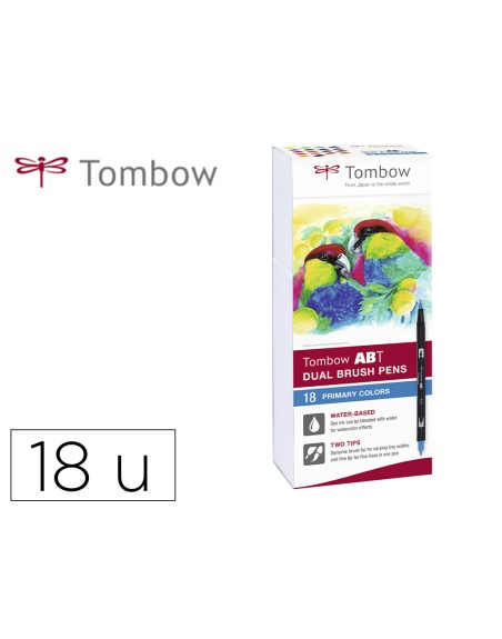 Rotulador tombow abt dual brush acuarelable doble punta fina/pincel estuche de 18 colores primarios