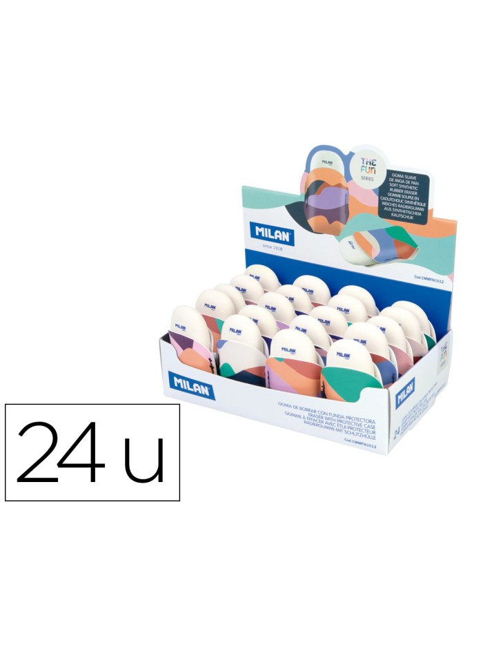 Goma de borrar milan the fun ovalada con funda caja de 24 unidades colores surtidos Goma de borrar milan the fun ovalada con funda caja de 24 unidades colores surtidos