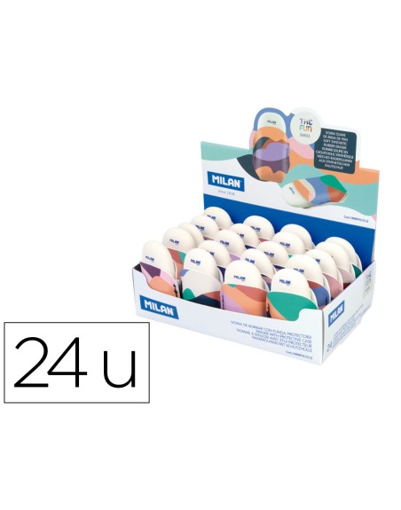 Goma de borrar milan the fun ovalada con funda caja de 24 unidades colores surtidos