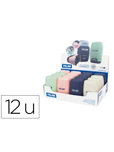 Sacapuntas milan compact serie 1918 plastico 2 usos con goma de borrar expositor de 16 unidades colores