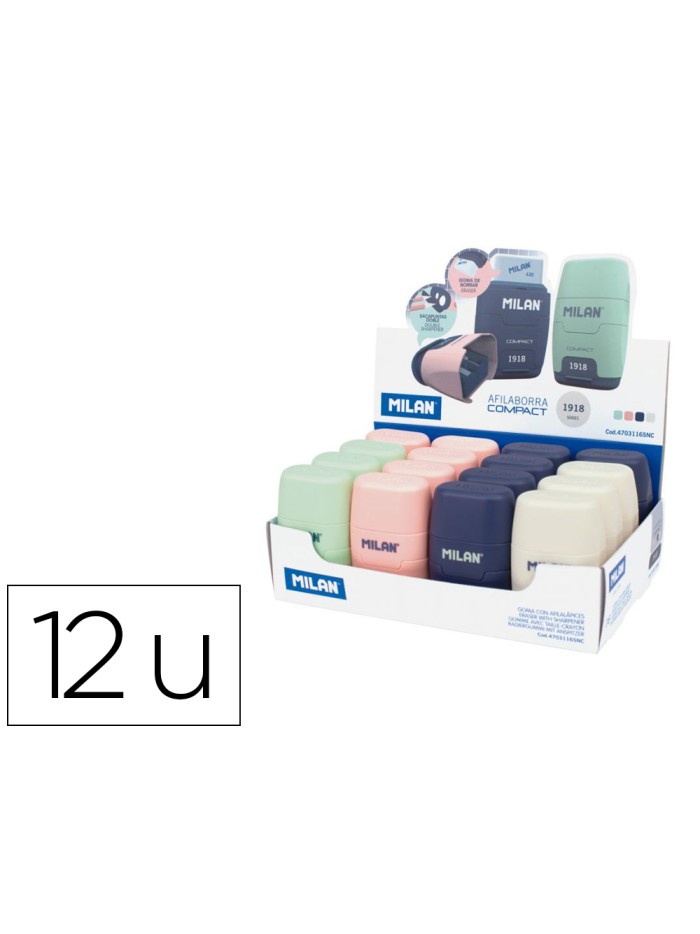 Sacapuntas milan compact serie 1918 plastico 2 usos con goma de borrar expositor de 16 unidades colores Sacapuntas milan compact serie 1918 plastico 2 usos con goma de borrar expositor de 16 unidades colores