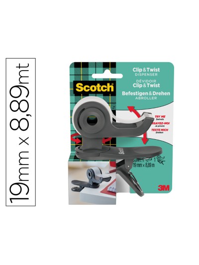 Portarrollo scotch clip & twist incluye 1 cinta scotch magic 8,89 mt x 19 mm