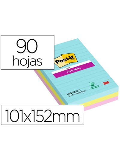 Bloc de notas adhesivas quita y pon post-it super sticky cosmic rayado 90 hojas 101x152 mm paquete de 3 unidades