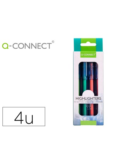 Rotulador q-connect fluorescente punta biselada fabricado pet reciclado caja de 4 unidades colores surtidos