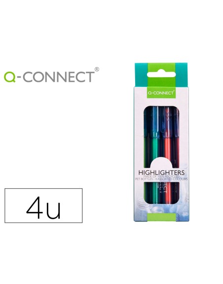 Rotulador q-connect fluorescente punta biselada fabricado pet reciclado caja de 4 unidades colores surtidos