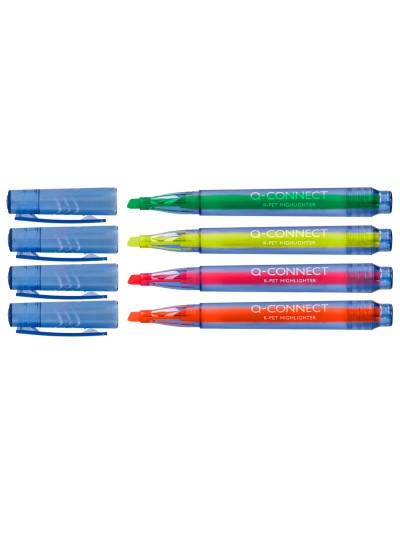 Rotulador q-connect fluorescente punta biselada fabricado pet reciclado caja de 4 unidades colores surtidos