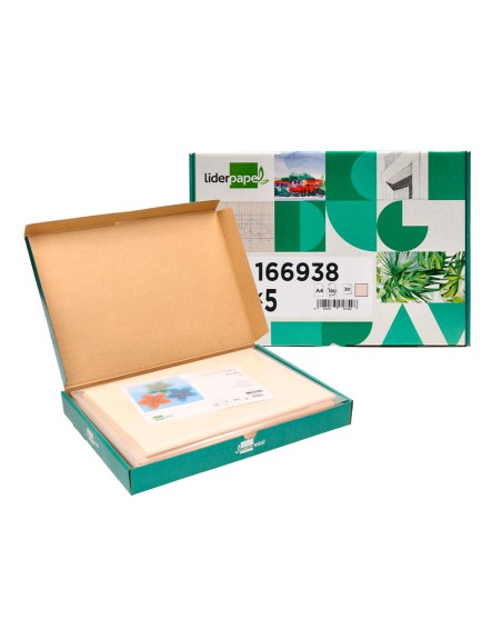 Cartulina liderpapel a4 180g/m2 crema paquete de 25+5 hojas en carpeta dossier transparente con cierre velcro