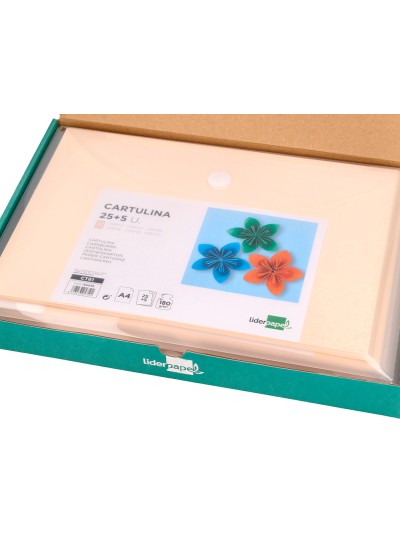 Cartulina liderpapel a4 180g/m2 crema paquete de 25+5 hojas en carpeta dossier transparente con cierre velcro