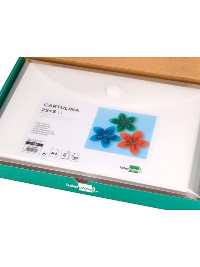 Cartulina liderpapel a4 180g/m2 blanco paquete de 25+5 hojas en carpeta dossier transparente con cierre velcro