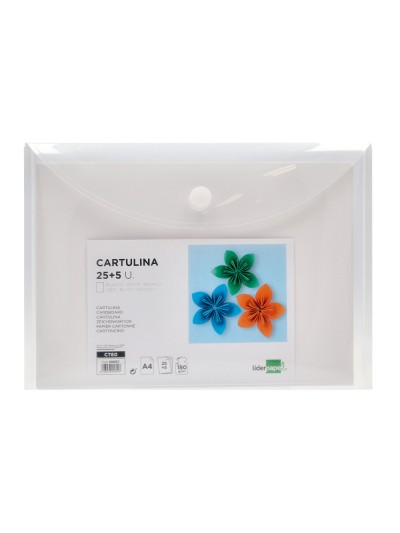 Cartulina liderpapel a4 180g/m2 blanco paquete de 25+5 hojas en carpeta dossier transparente con cierre velcro