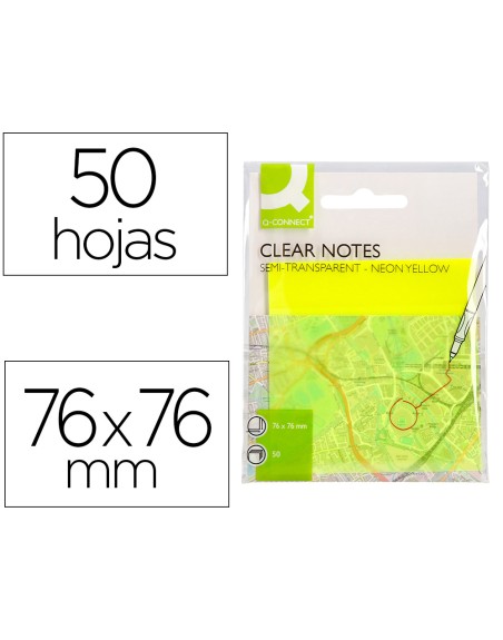 Bloc de notas adhesivas quita y pon q-connect 76x76 mm removible plastico translucido amarillo neon con 50 hojas