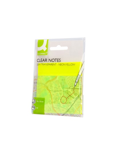 Bloc de notas adhesivas quita y pon q-connect 76x76 mm removible plastico translucido amarillo neon con 50 hojas